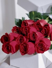 картинка Огромный букет роз - На столе, укрытым белой скатертью, стоит прямоугольная коробка, поверх которой размещено одиннадцать красных роз, для мобильного телефона