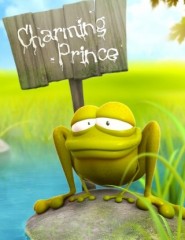 картинка Очаровательный принц - На камне в чисто-синем пруду на фоне зелёного луга сидит лягушонок, сзади которого расположена табличка с надписью "Очаровательный принц", для мобильного телефона