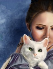 картинка Девушка с котом - Очень нежная картинка девушки с котом выполненная в холодных тонах синего цвета., для мобильного телефона
